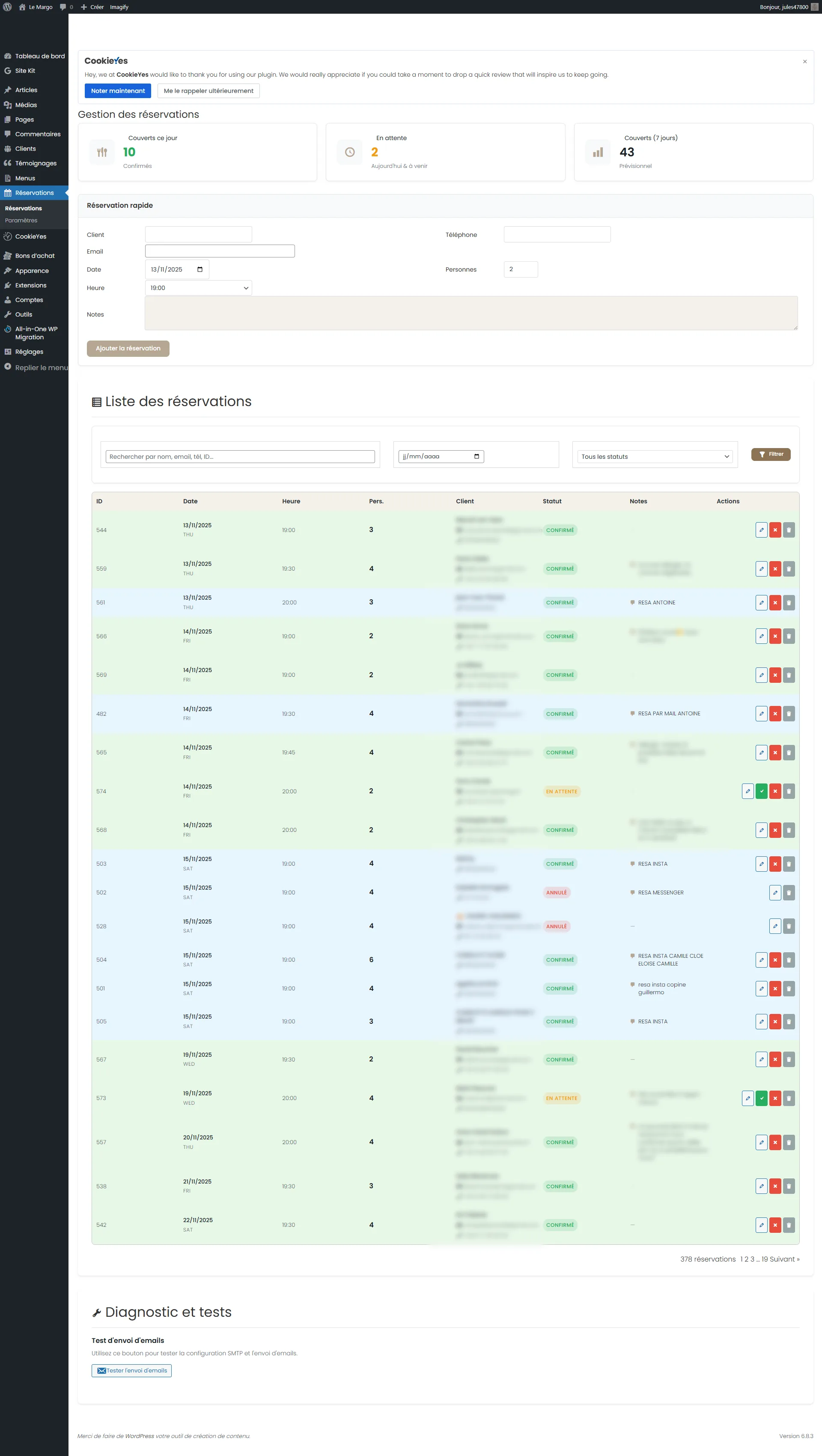Booking dashboard of a restaurant website built by Antoine Publicité