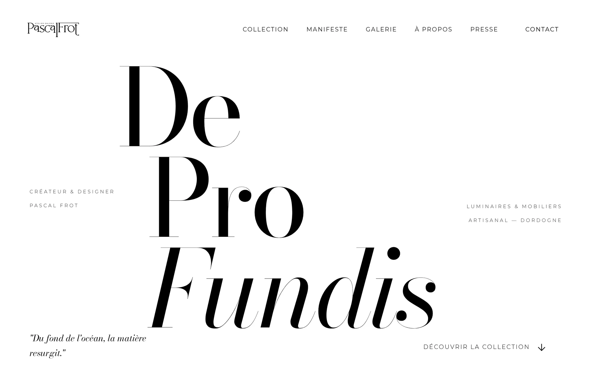 Home page of the De Pro Fundis website, delivered for designer Pascal Frot